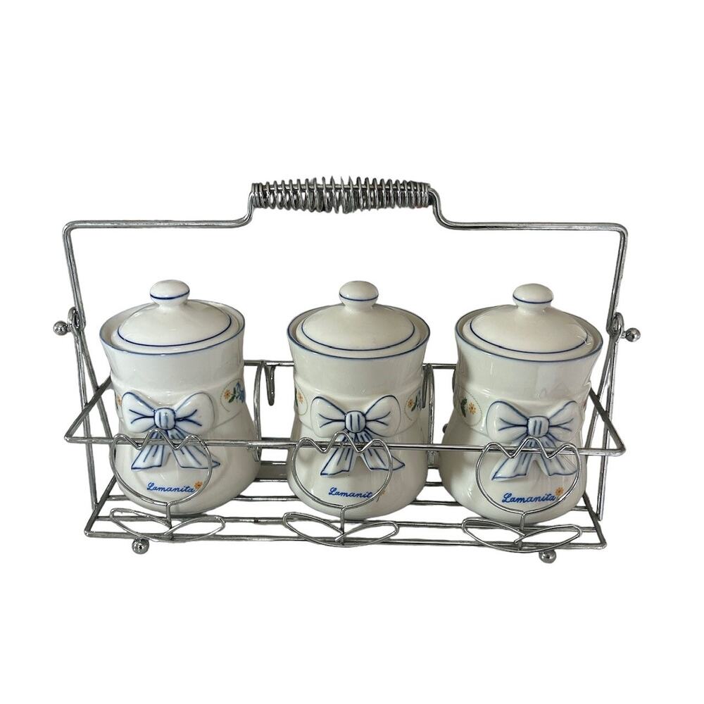 Love Space Lamanita Vintage‎ Set of 3 Spice Ceramic Jars Metal Tulip Rack